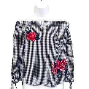 Checkered Off-shoulder Blouse with Floral Accent S